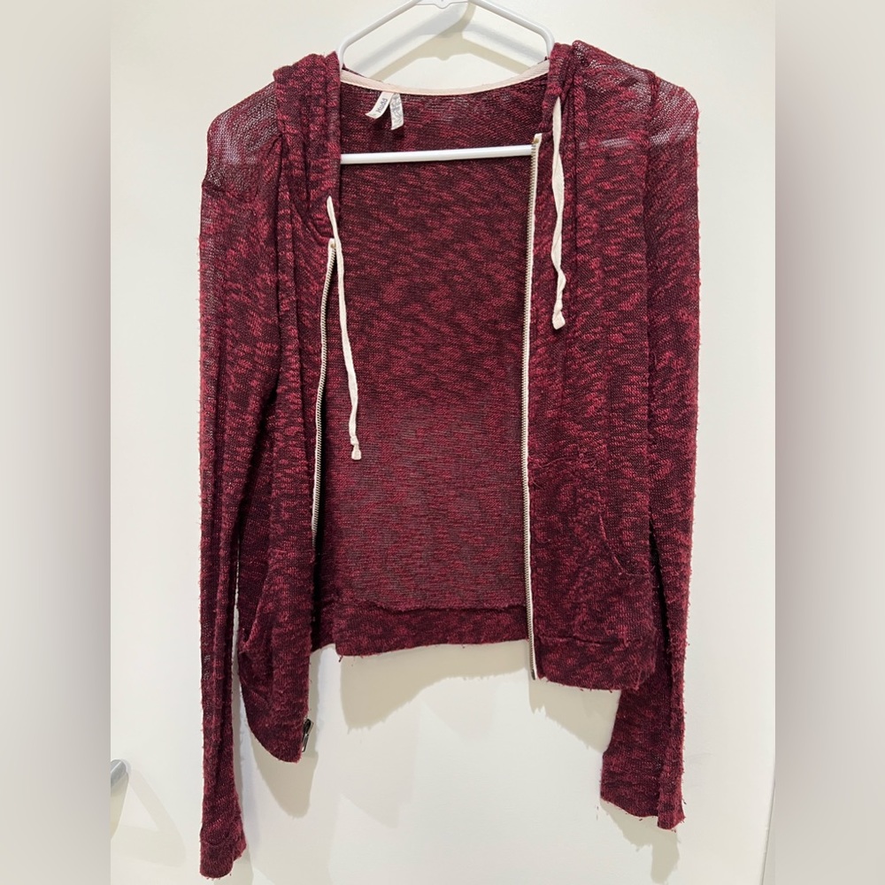 Deep red, sheer lightweight cardigan jacket. Great for working out or layering!